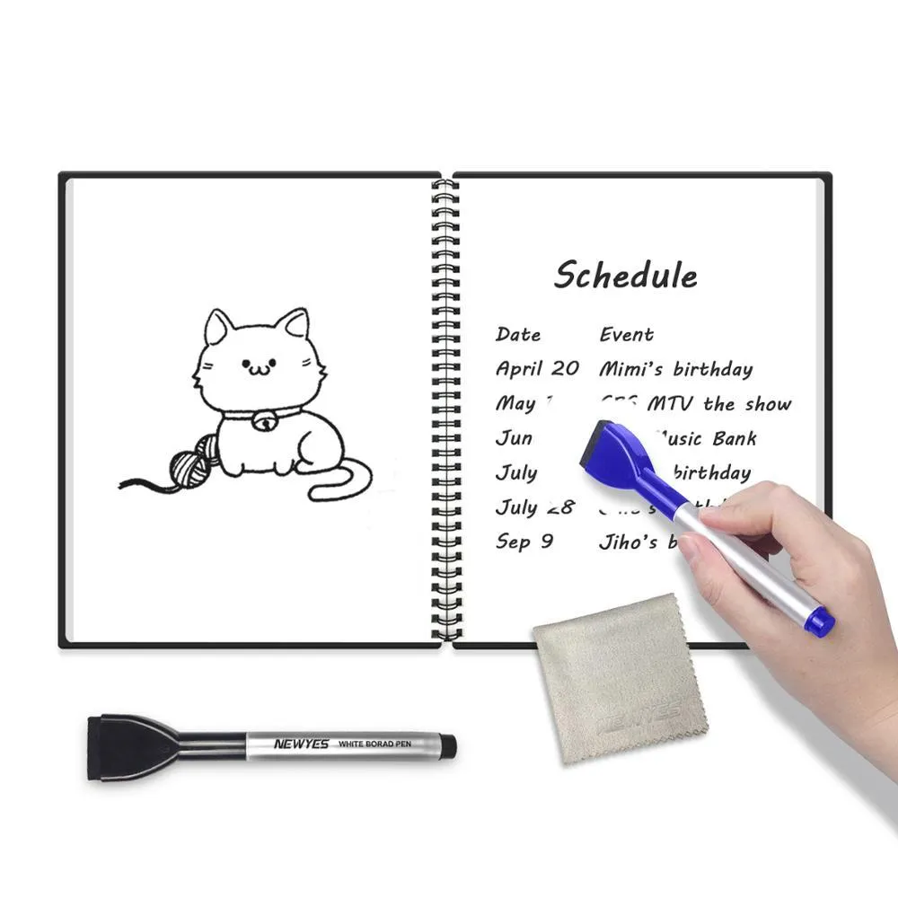 Newyes Whiteboard Boka A6 A4 Smart Notebook Dry Reusable Memo Pad Mini Portable Office Message Board Kids Present Notepad med penna