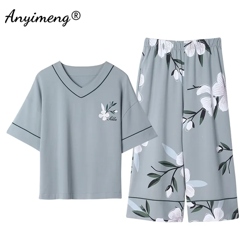 Plus Size Womens Pyjama M-5XL katoenen nachtkleding vrijetijd thuis pakken voor grote dames elegante bloemen afdrukken dames pyjama 210809