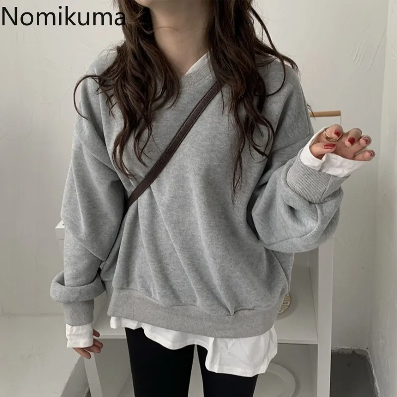 Nomikuma Korean Chic Patchwork Hoodies Retro O Neck Long Sleeve Casual Loose Sweatshirt Fake Two Pieces All-match Tops 3d462 210514