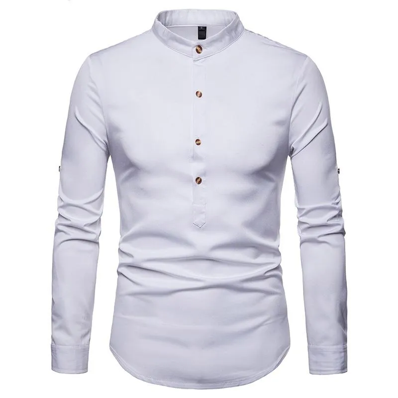 Rolled Up Sleeve Shirt Men 2021 Autumn Stand Collar Mens Dress Shirts Chemise Homme Henry Tops Camiseta Men's Casual