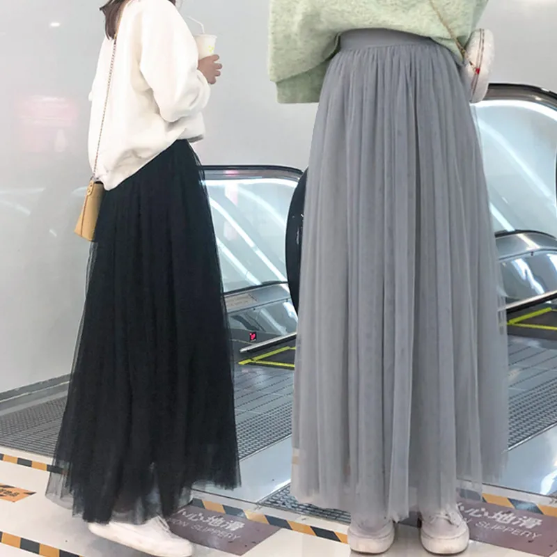 3 Layers Princess Tulle Skirts Summer Vintage Womens Elastic High Waist Mesh Long Pleated Tutu Female 210428