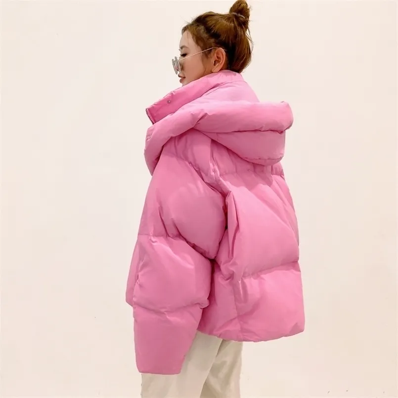 Chaqueta de invierno Mujer Cálida Moda Color Caramelo Largo Grueso Parka Abrigo Coreano Suelto Con Capucha 211221