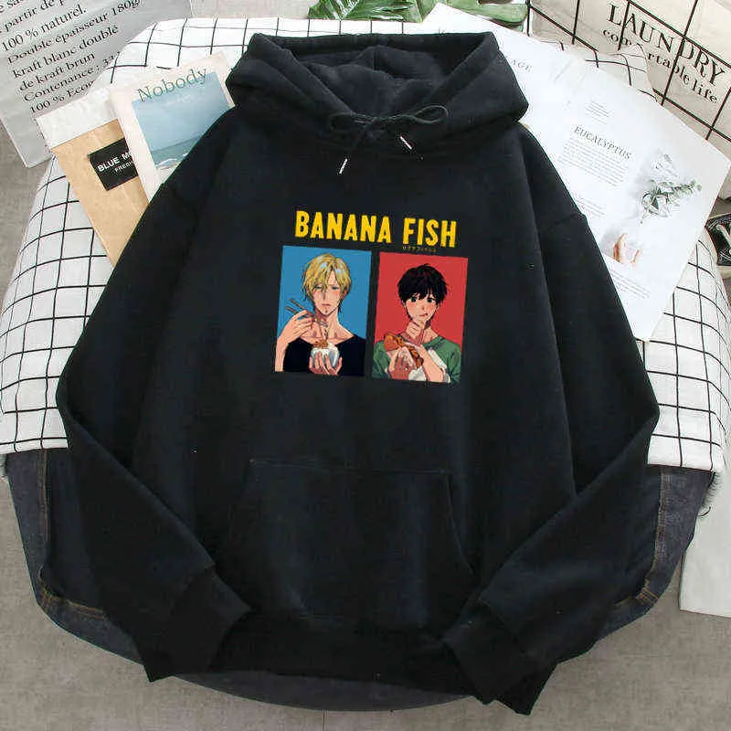 Anime Banana Fish Print Hoody Man Herfst Spring Fleece Warm Casual Sweatshirts Mode 2021 Mens Hip Hop Losse Hooded Kleding H1227