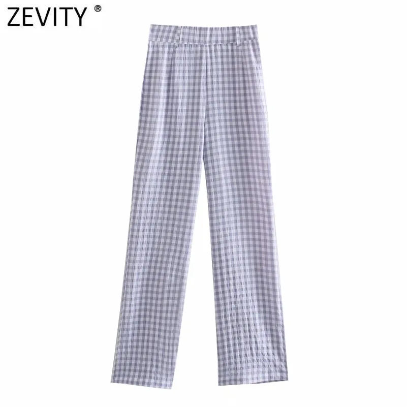 Mujeres Vintage Plaid Print Casual Straight Pants Retro Mujer Side Zipper Pantalones Mujer Chic Pantalones largos P1033 210416