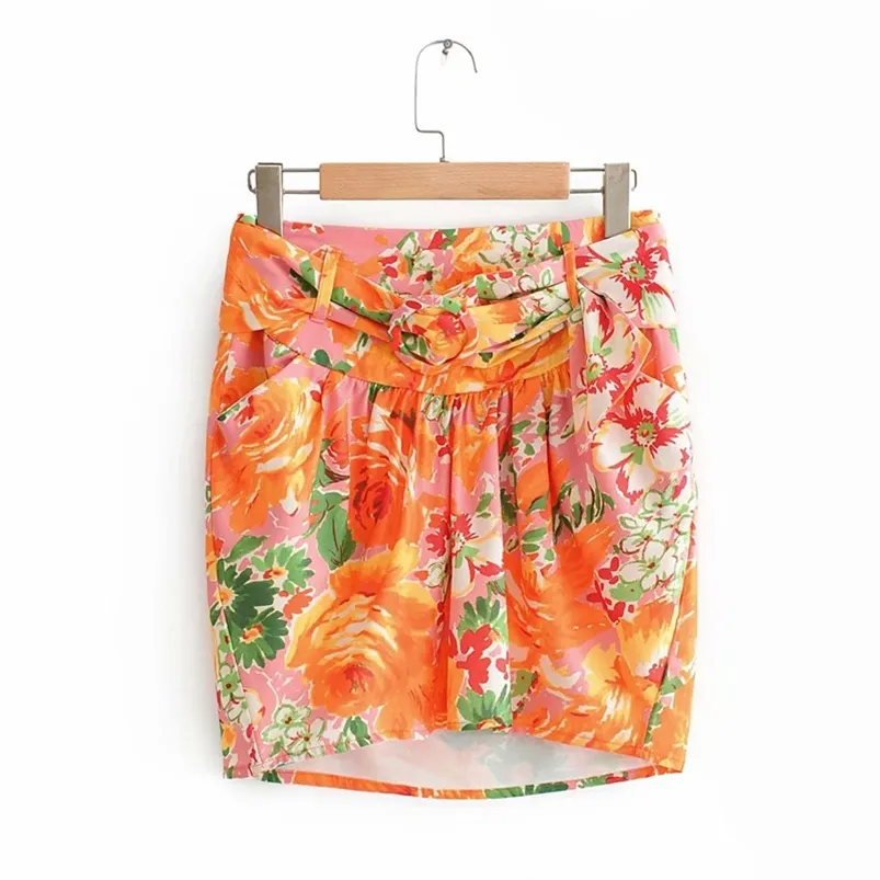 Sommar Kvinnor Skriv ut Kjolar Bohemian High Waist Sashes Sexig Mini Skirt Kvinna Casual Street Kläder 210513