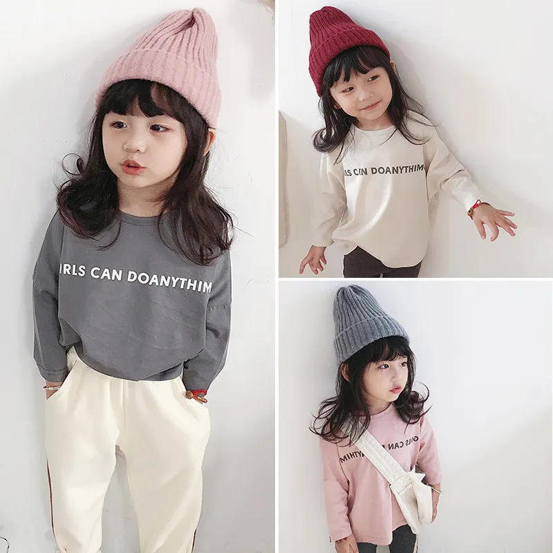 Autunno stile coreano neonate lettere in cotone stampate moda magliette bambini allentati casuali magliette bambini base vestiti top 210508