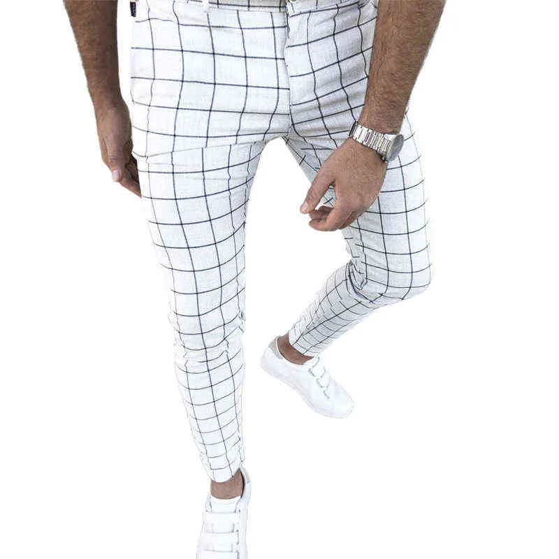 Prace biznesowe Men Casual Plaid Long Pants Slim Fit Formal Party Pencil Spodni Y220308