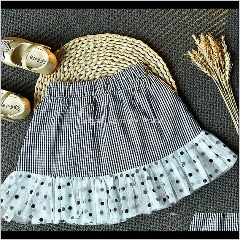 girls skirt suit summer new style wave dot puff sleeve stitching plaid top t-shirt + skirt children`s fashion clothing 2-piece