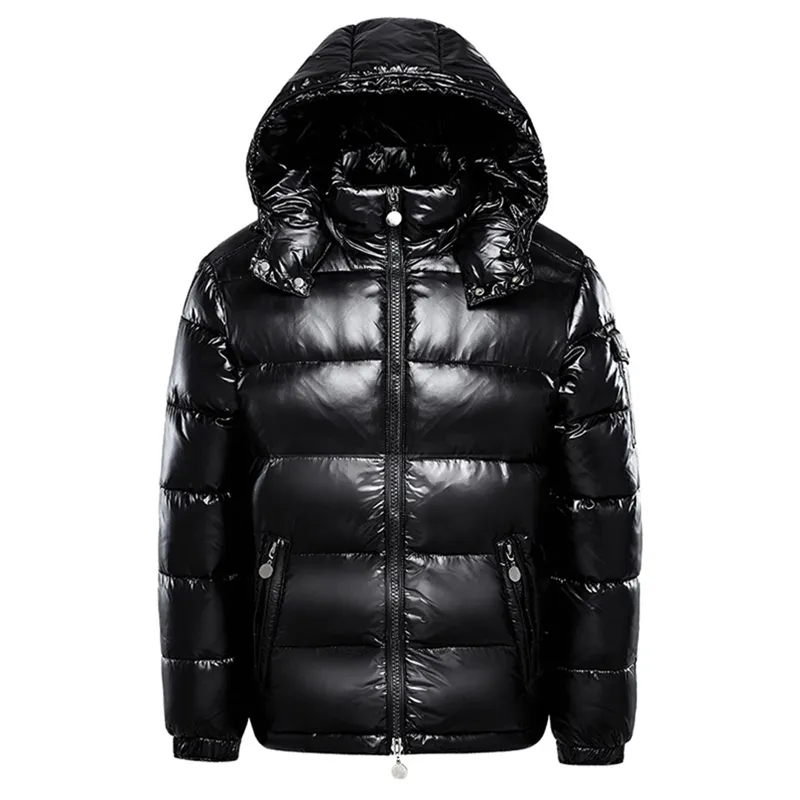 Men Warm Down Jackets Solid Color Black Winter Snow Down Jackets Hooded Zipper Metal Shining Windbreaker Parka Overcoat M-3XL 211124