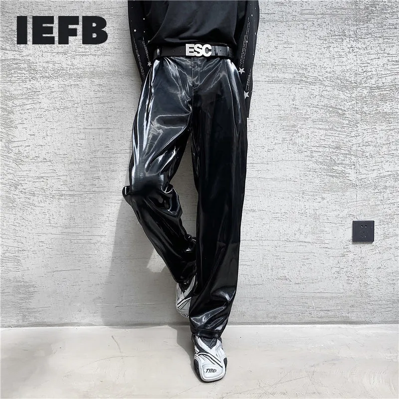 IEFB Spring Net Trend Leadality Streetwear Bright PU Кожаные брюки боковой жесткой талии Свободные повседневные брюки мужские Y4703 210524