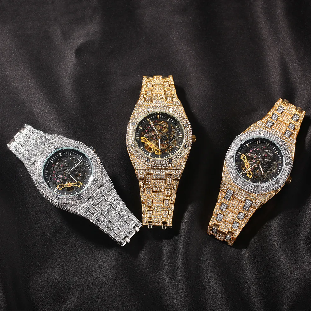 Высококачественные мужские часы в стиле хип-хоп, панк, трендовые часы из нержавеющей стали 316L, корпус с полным бриллиантовым ремешком, автоматические механические часы W272S