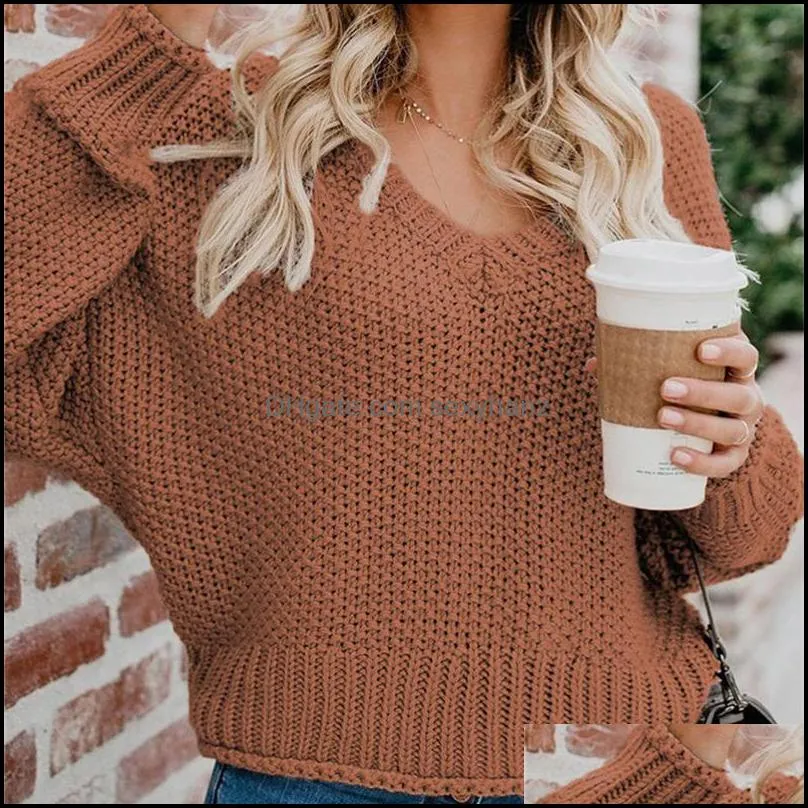 Women`s Sweaters Winter Pullovers S Womenn Fashion Long Sleeve Casual V Neck Knitted Top Brown Cute Preppy Style Sweater