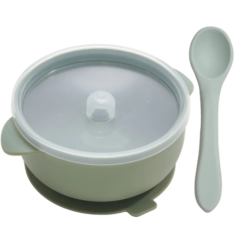 BPA Bezpłatne dziecko Silikonowe Szkolenia Sucker Bowl z pokrywką Toddler Food Set Dzieci Żel krzemionkowy Karmienie Stołowe Drop 211026