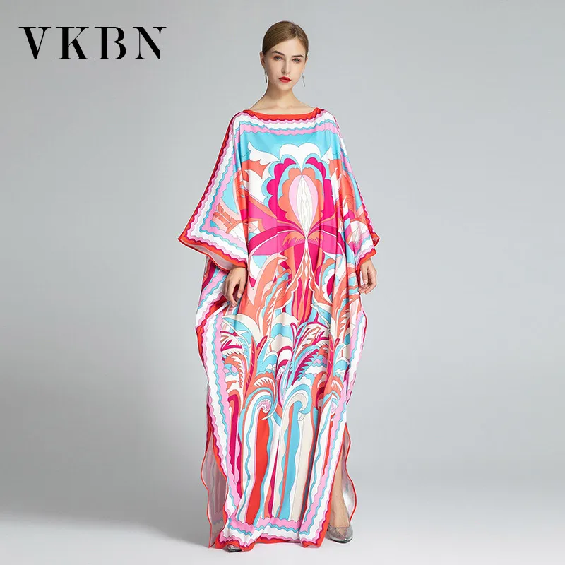 VKBN Sonbahar İpek Kadın Giydir O-Boyun Rahat Artı Boyutu Kadın Elbise Gevşek Parti Elbiseler Kadın Batwing Sleeve 210507