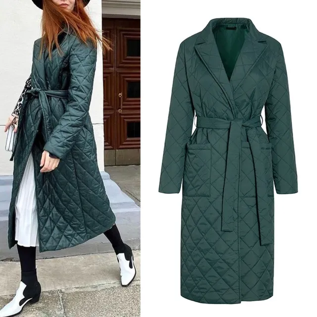 Casaco de Lã Feminino Casual Parka de inverno com estampa de losango Longo Bolsos profundos retos Vento Feminino gola sob medida Roupas femininas + Cinto Roupas acolchoadas de algodão