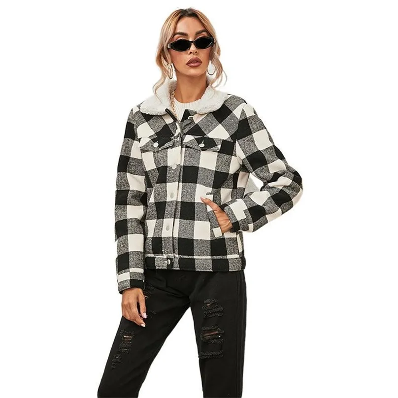 Winter Plaid Cotton Coat For Women Fashion Fur Collar Plus Velvet Zip Outerwear 3 Colors Loose Slim Jacket Female LR1342 210531