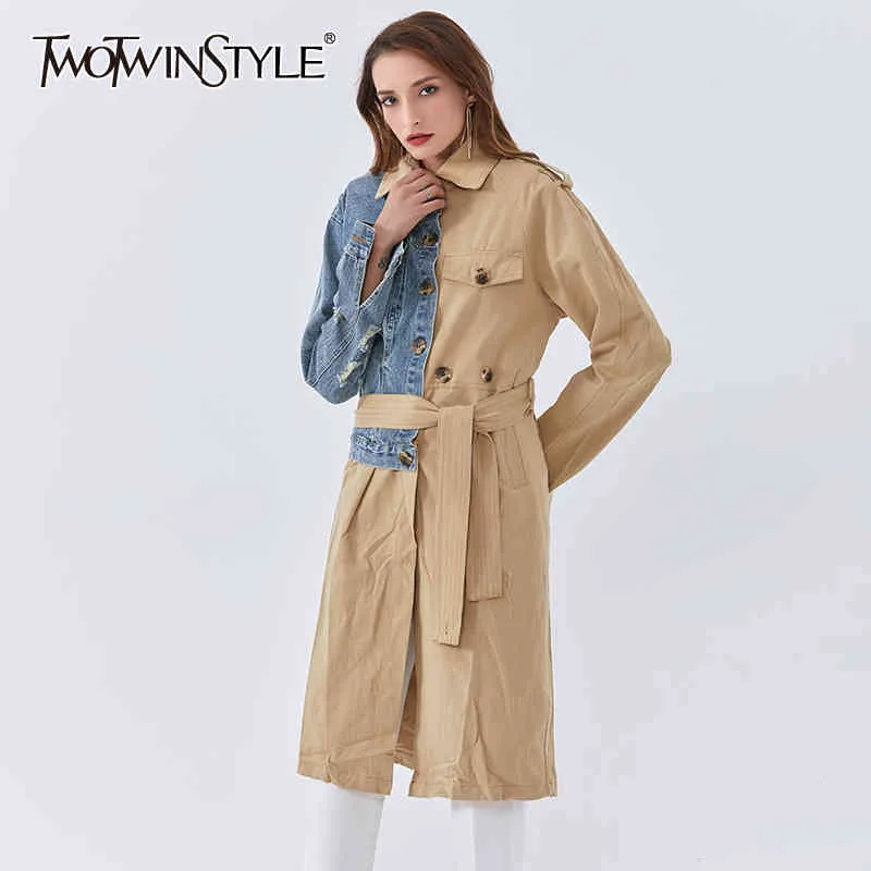 Denim patchwork per giacca a vento da donna manica lunga colletto con risvolto vita alta con cintura dimagrante cappotto da donna 210524