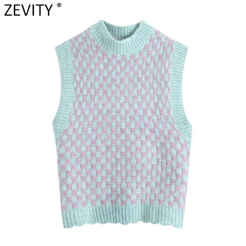 Zevity Women Contrast Houndstooth Plaid Krótki kamizelka dziewiarska Sweter Kobiet Chic O Neck Bez Rękawów Swetry Waistcoat Topy SW702 210915