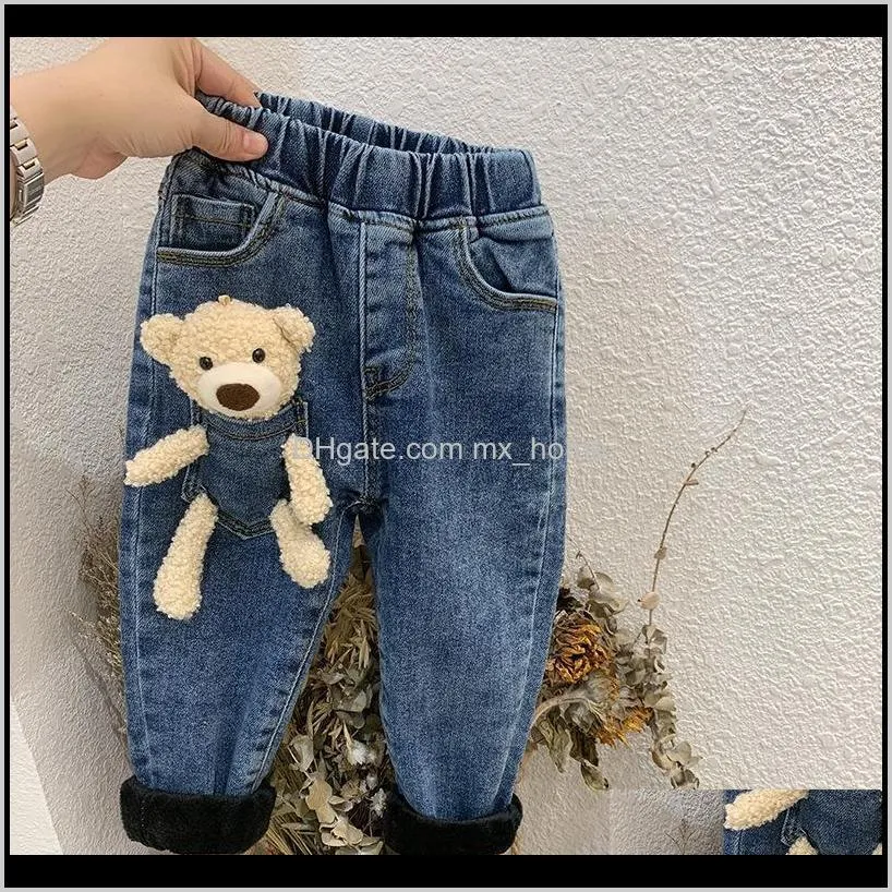 2-6 years winter girls boys cute cartoon bear jeans pant baby kids children thick warm fleece denim trousers 201204