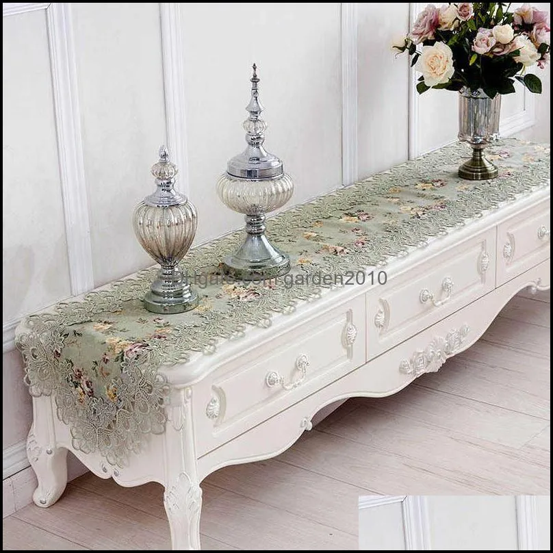 Table Flag flower Embroidered Green Top Elegant Europe Lace Pastoral Print Table Runner Home Decoration Runners Placemats HM384 220107