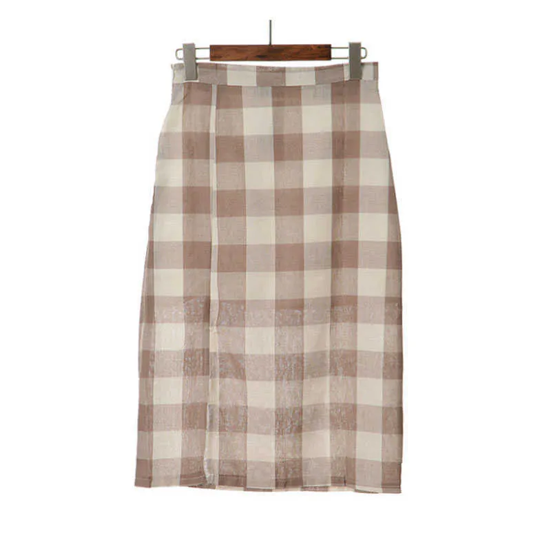 Misschien u Grijze Khaki Plaid Split Knielengte Rechte Rok Empire High Street Summer S0080 210529