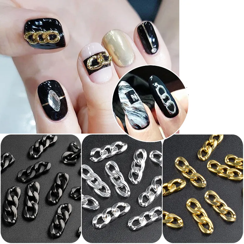 1 pack metall dragkedjor design nagelkedjor guld / silver / svart punk nitar studs 3d diy mode tillbehör ihålig nagel konst dekoration