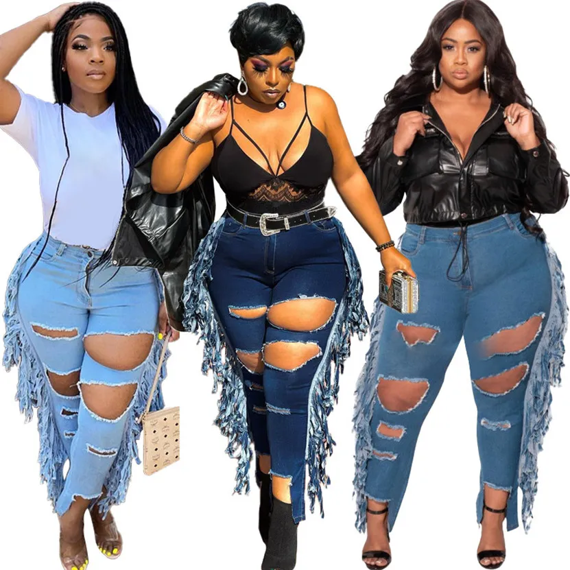 Frauen Plus Size Denim Hosen Herbst Winter zerrissene Jeans mit Quasten größere Größen 3XL 4XL 5XL Leggings Mode gewaschene blaue Löcher Hosen DHL Schiff 5636