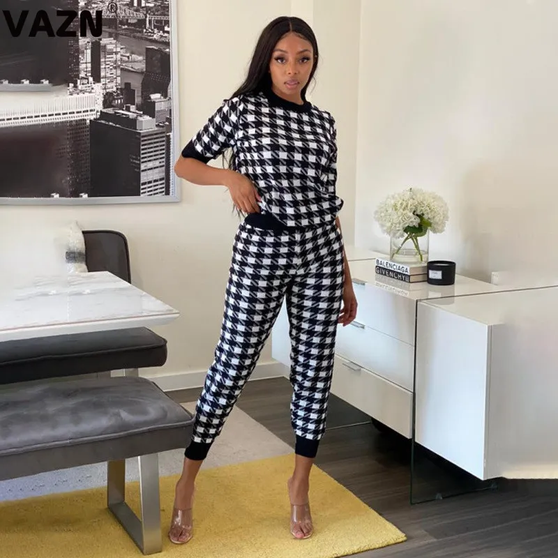 VAZN New arrival 2020 summer sexy lady black plaid 2-piece long set half sleeve O-neck pullover tees ankle-lenth pants chic sets X0428