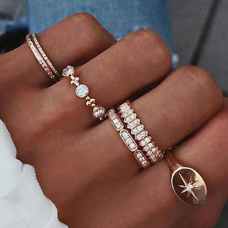 Bandringar Boho Gold Color Crystal Star Knuckle Midi Ring Set For Women Metal Geometric Finger 6pcs/1Set Anillos 6834