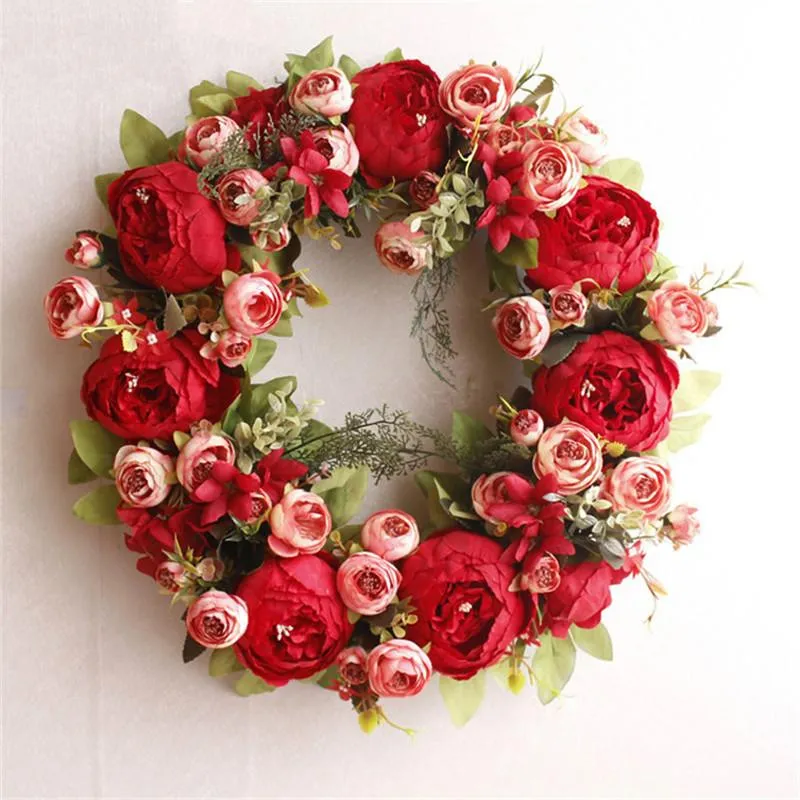 Dekorativa blommor kransar av hög kvalitet DIY julkransmaterial rosa rosröd pion Peony Artificial Flowentine's Day 40cm Door Deco