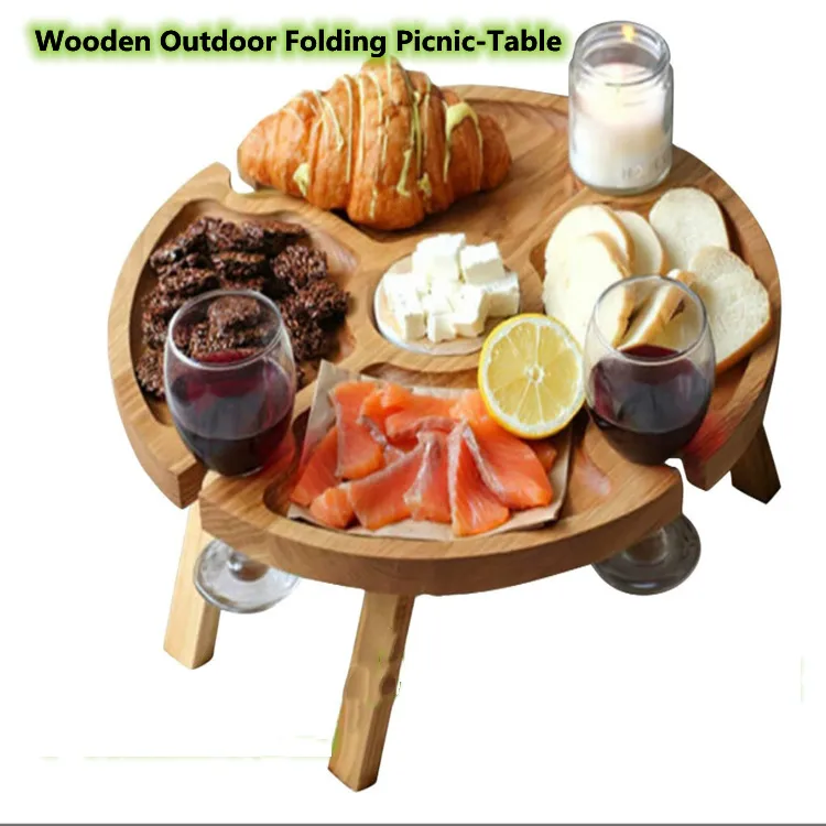 Camp Furniture Holz Outdoor Klapppicknicktisch für Obst Rotwein Flaschenhalter Kreative zusammenklappbare Reise Garten Strand Camping WLL899
