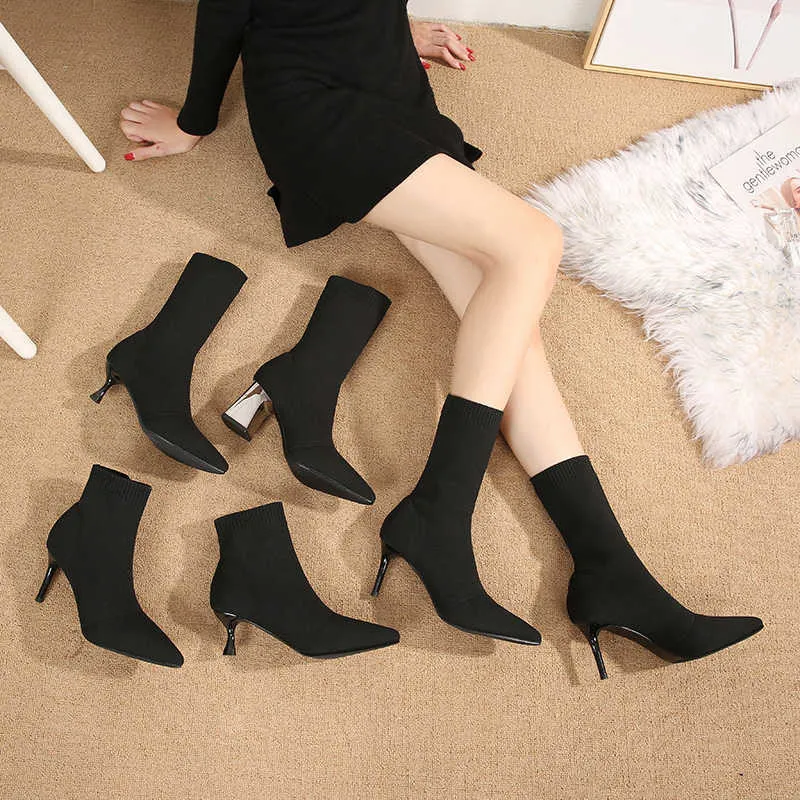 Short boots women spring and autumn knitted socks elastic fine heels thin skinny high 210911