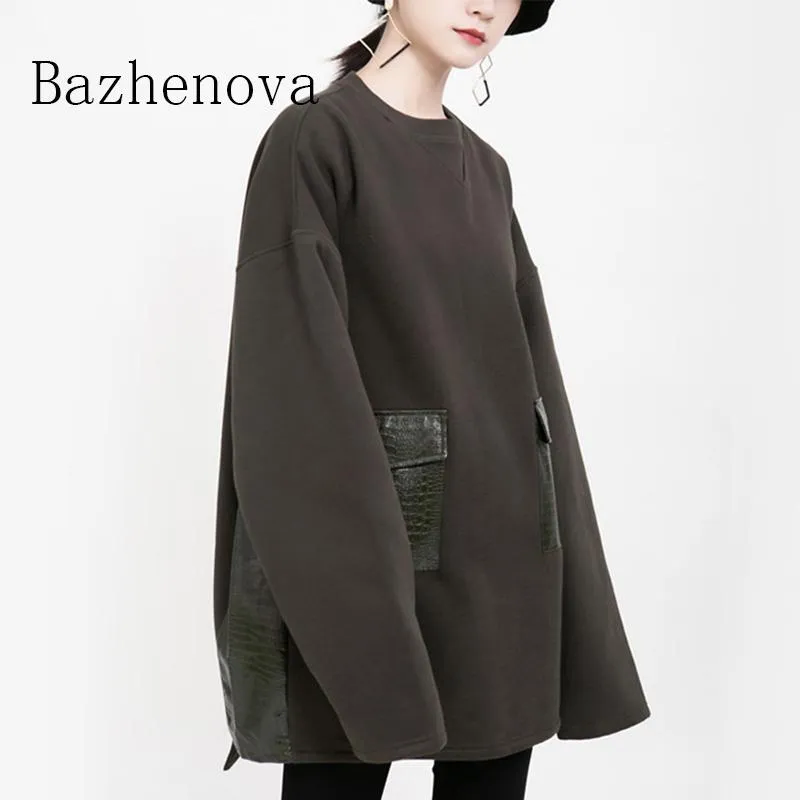Hoodies das mulheres camisolas Bazhenova 2021 Mulheres de outono All-Match Street Suéter para meninas de couro bolso solto mulher cair tops senhora para