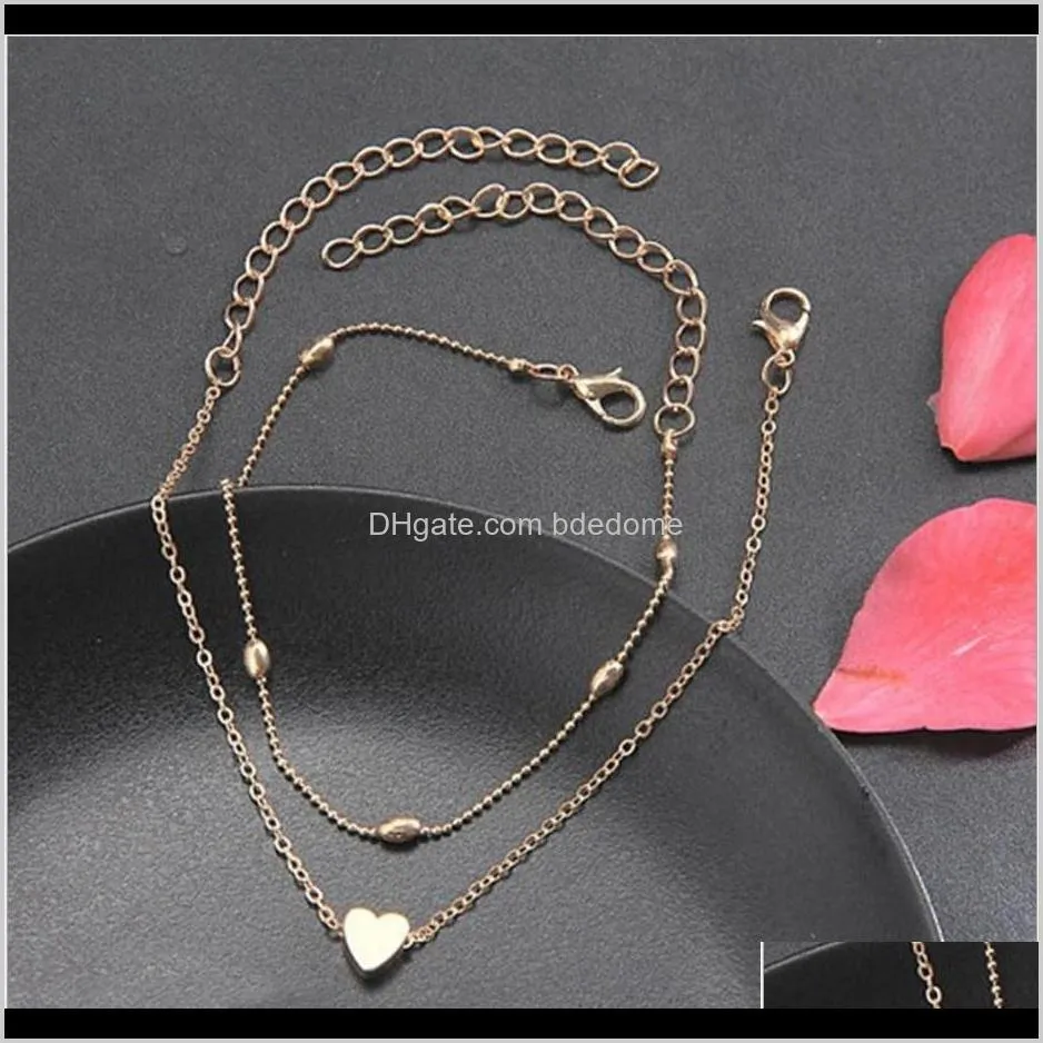 anklet set 2pcs/bag heart charm bead chain gold and silver plated metal chain women foot anklet gift