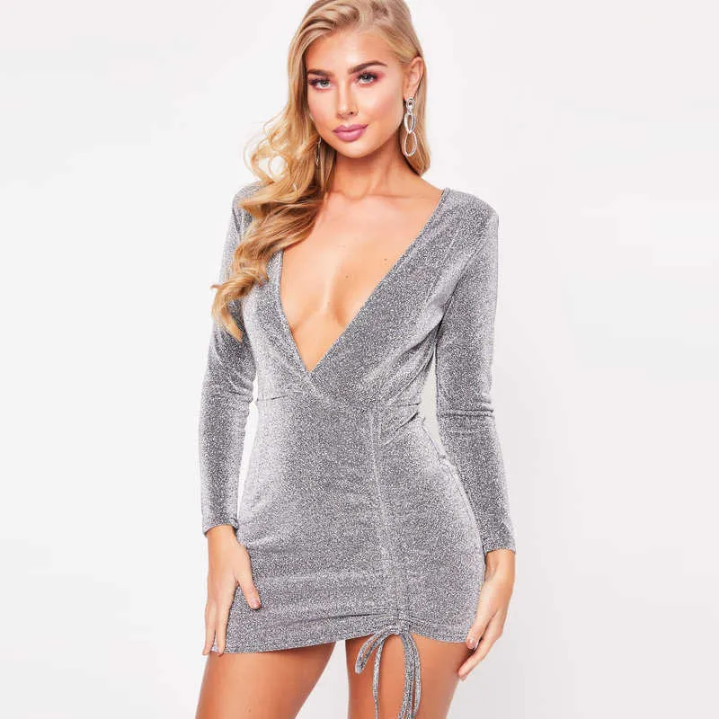 Silver Khaki Bodycon Mini Dress With Deep V Neck And Lace Up Detail For  Womens Party And Autumn Christmas Events Long Sleeve, Bright Silk, Shiny  Design 210709 From Cong02, $13.61