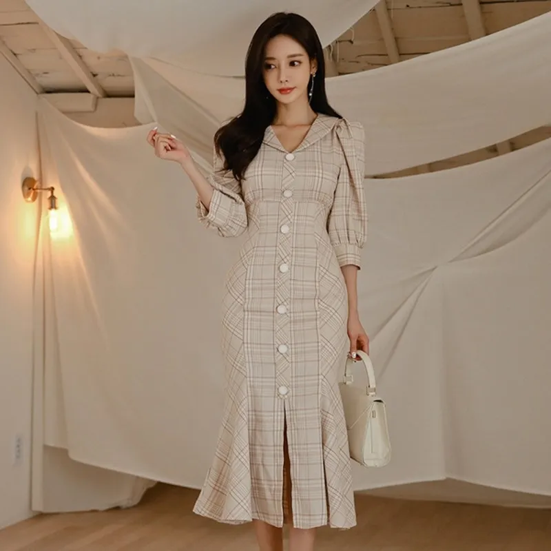 Women V-Neck Collar Single-breasted Mermaid Dress Seven-quarter sleeve Patchwork Dresses Elegant Office Lady Sexy Dress Vestidos 210514