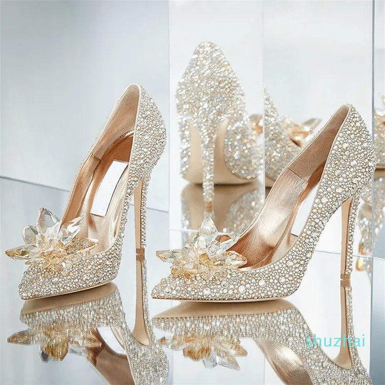 2021 automne chaussures de mariage femmes chaussures de mariée argent talons hauts femmes talon fin princesse Phinestone cendrillon cristal chaussure
