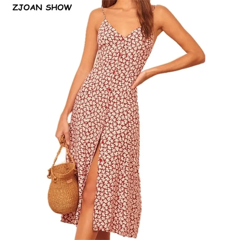 French Women Sling Dress Single-breasted Buttons Red White Floral Print Spaghetti Strap Hem Slit Mid-Calf Dresses Party 210429