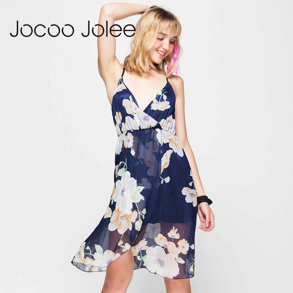 Jocoo Jolee Marine Fleur Imprimer Double V Cou Cami Robe Femmes Robe De Plage Spaghetti Sangle Sans Manches Sexy Slip Robe 210619