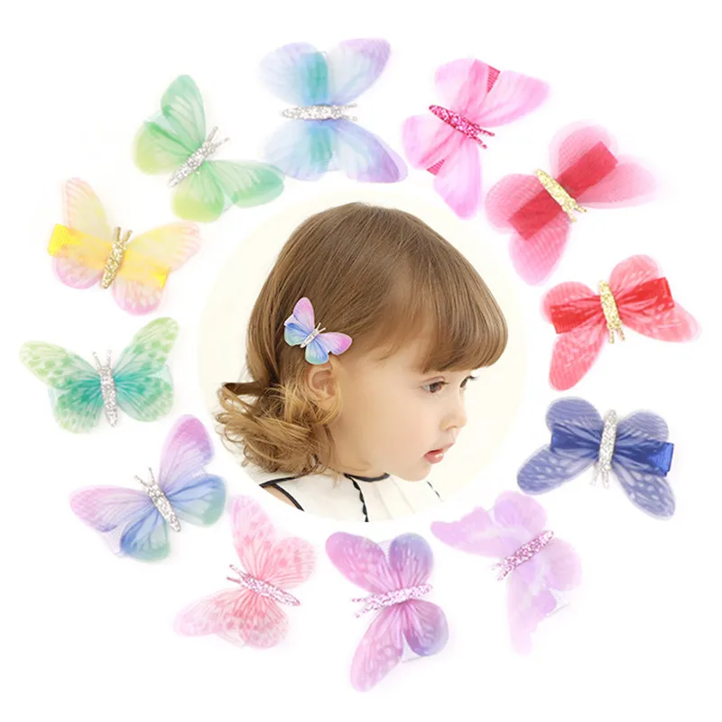 Blandad färg Butterfly Hårstift Dubbelskikt tredimensionell Tulle Söt Barns hårnål Antika Smycken DIY Tillbehör Gratis Ship 12PC