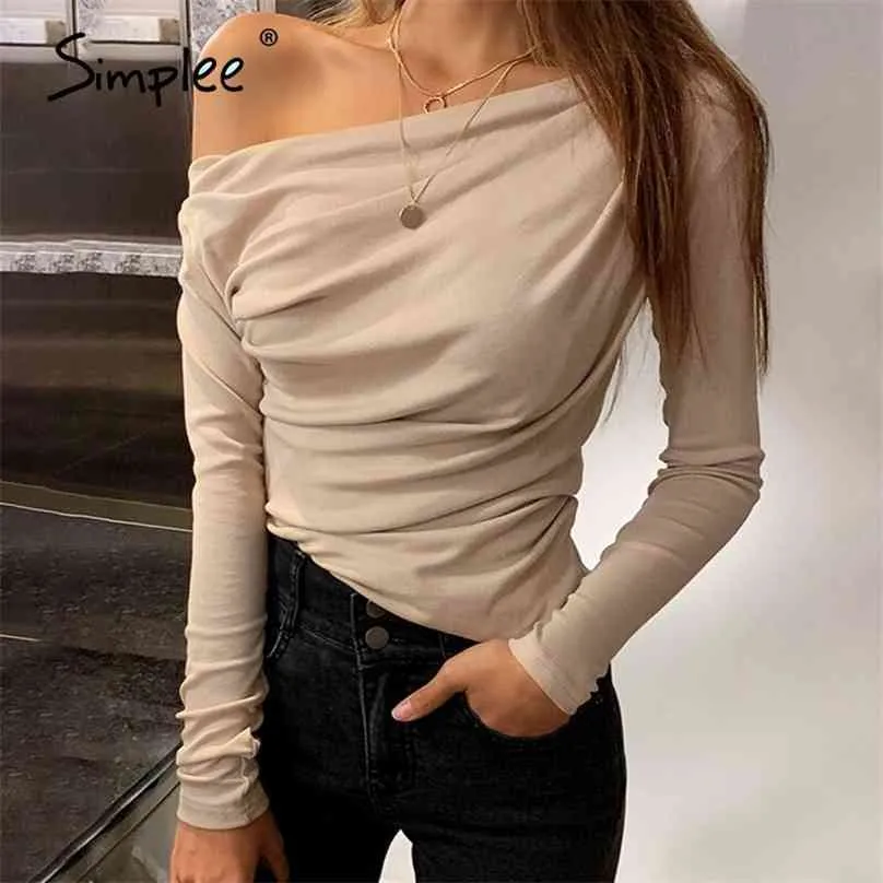Casual one shoulder women top Summer long sleeve t-shirt female tops Sexy asymmetric slim solid ladies shirts 210720