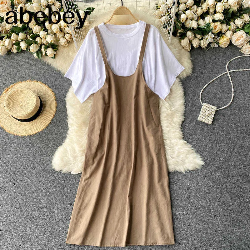 Kobiety Koreańska Moda Bez Rękawów Tank Dress + Solidna Krótki Rękaw T Dwa kawałki Zestaw Set French College Style 210715