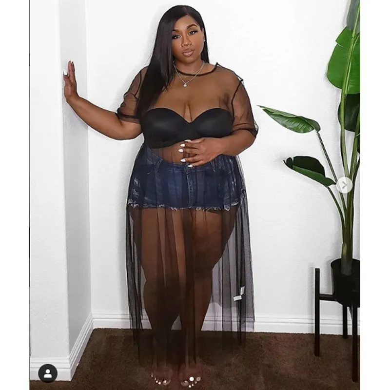 4XL 5XL See Through Women Dresses Plus Size Short Sleeve Mesh Summer Black Fashion Female Sexy Club Wear Long Robes for Ladies 210527