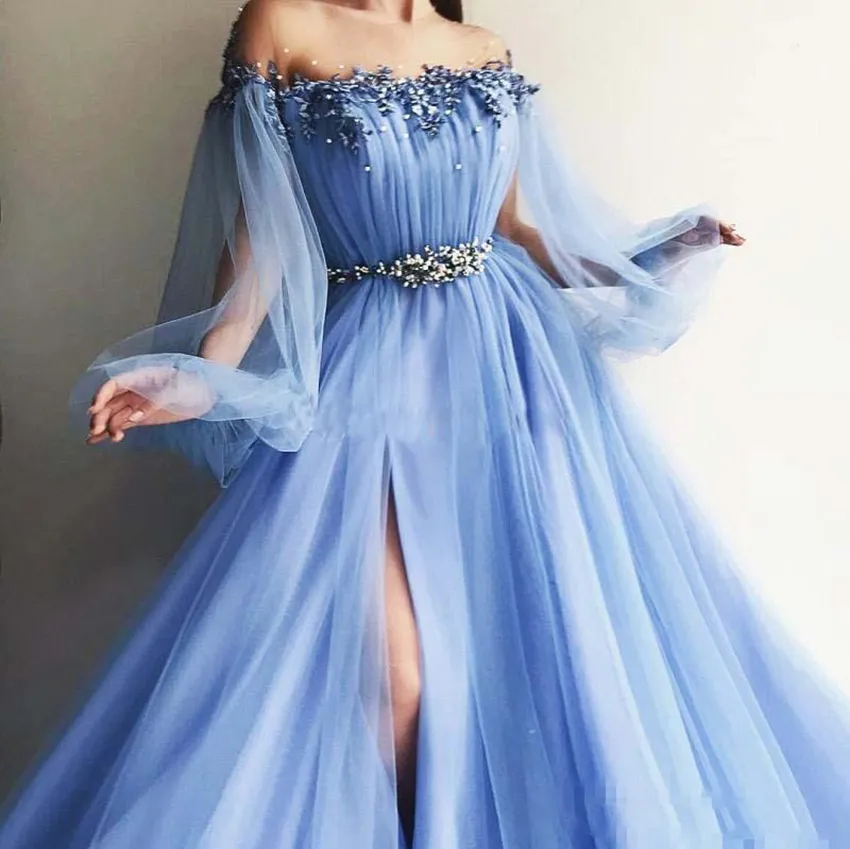 Off The Ramię Suknie Wieczorowe 2021 Rękawy Puffowe Aplikacje Zroszony Tulle Split Light Sky Blue Party Suknie Lavender Prom Dresses