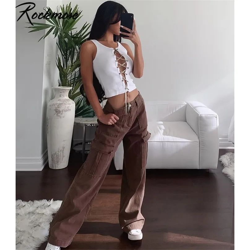 Rockmore Brown Vintage Baggy Jeans Vrouwen Hoge Taille Pocket Cargo Broek 90s Streetwear Rechte Broek Harajuku Zomer 210922