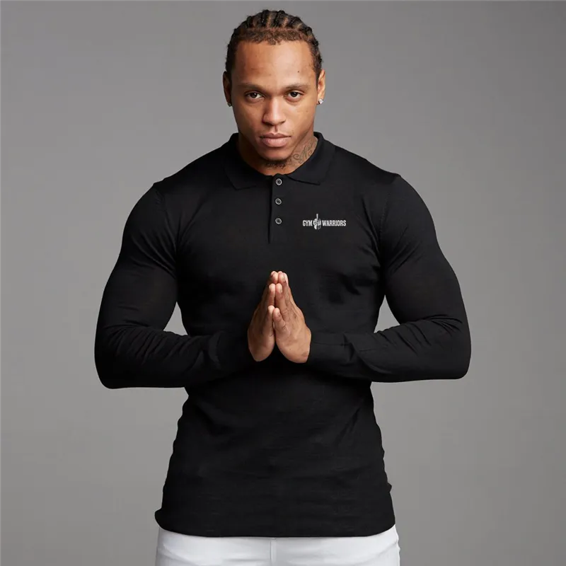 Polo Shirt Män Höst Ny Varumärke Fitness Mens Casual Långärmad Polo Skjortor Manlig Snim Fit Solid Färg Business Poloshirt 210421