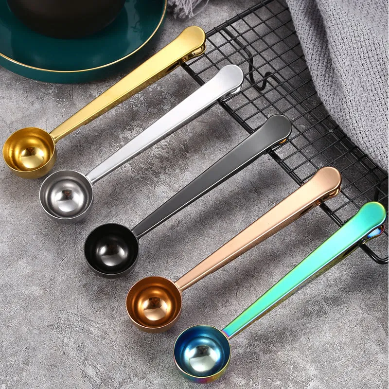 Coffee Scoop with Seal Clip Stainless Steel Tea Measuring Spoon Tools 2 in 1 Kitchen Supply Multicolor Silver Gold KDJK2104