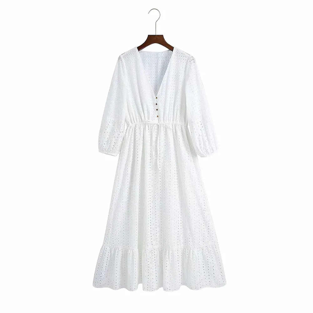 BBWM Kobiety Lato White V-Neck Sukienka Przyciski Rękaw Krążne Tie Slim Casual Kobiet Elegancka Party A-Line Sukienki Ubrania Vestidos 210520