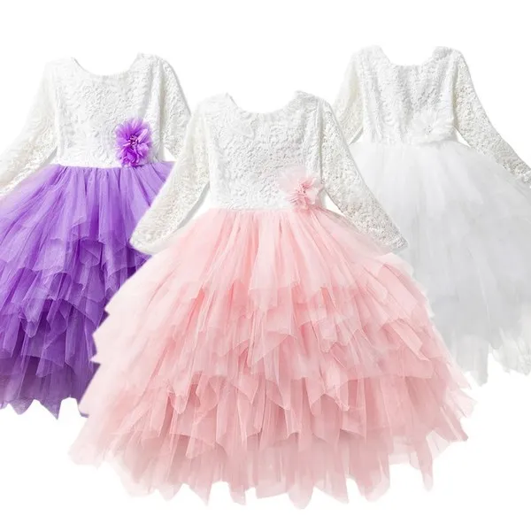 2021 inverno abito da sposa fiore per le ragazze manica lunga autunno abbigliamento cerimonia cosplay costume per bambini bambini abito da festa formale Q0716