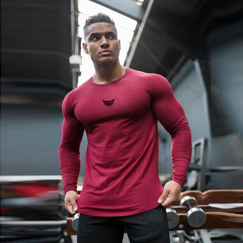 Spring long sleeve t shirt men solid color Fashion cotton o-neck tops plus size high quality gym Bodybuilding Fitness t-shirt 210421